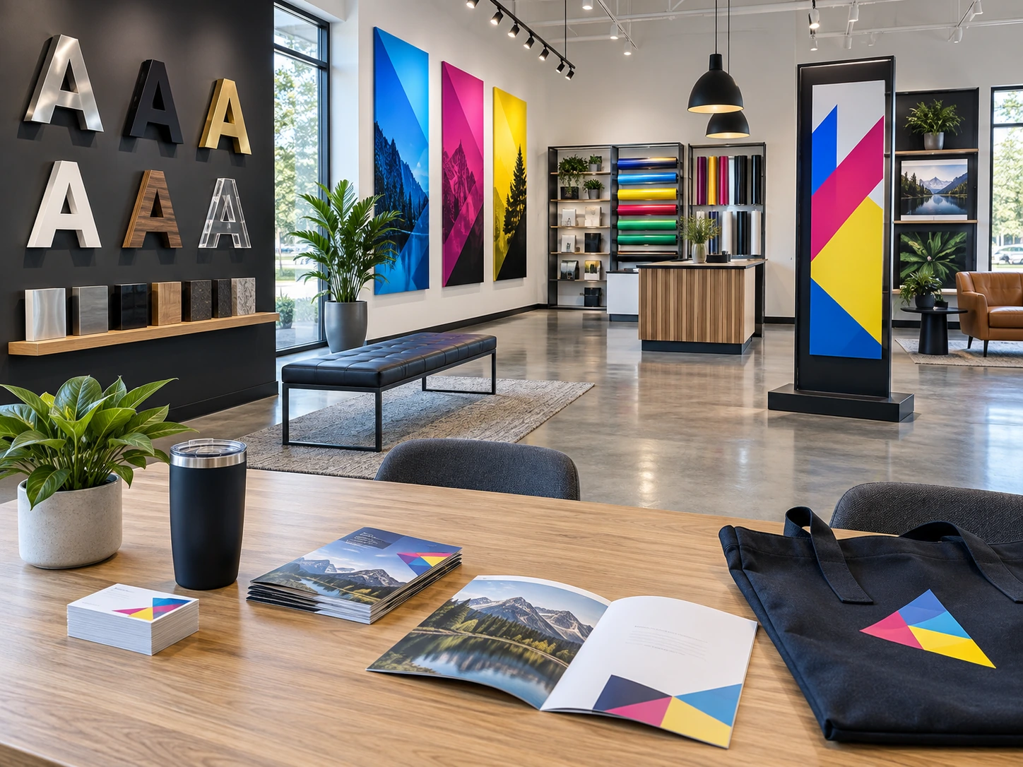 Signage, print and promotional product showroom — AI concept image